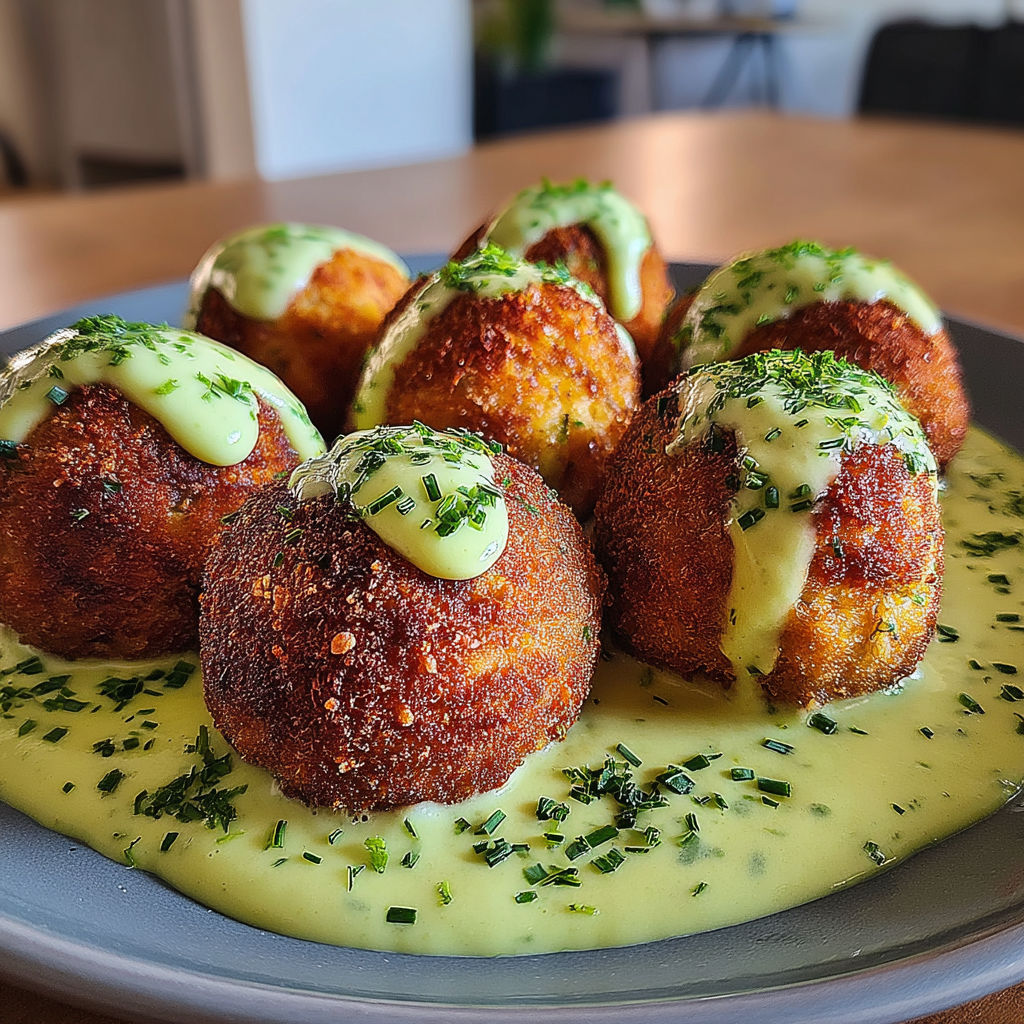 A plate of salmon balls with creamy avocado sauce.