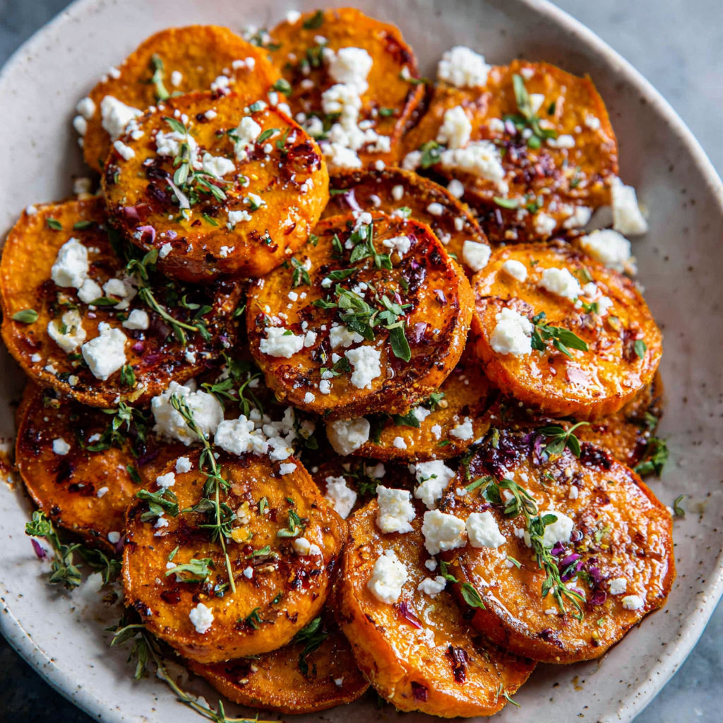 A plate of roasted sweet potatoes with feta cheese and honey.
