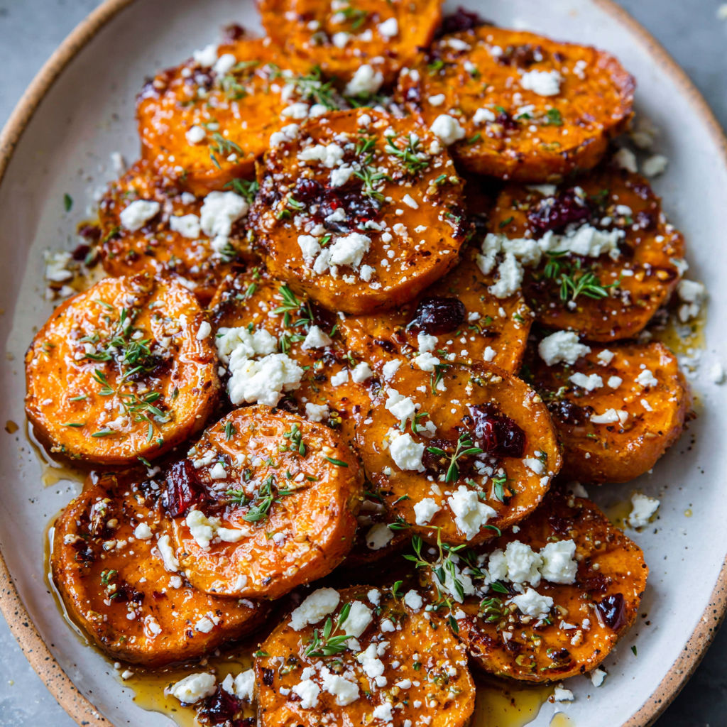 Roasted sweet potatoes with honey and feta cheese.