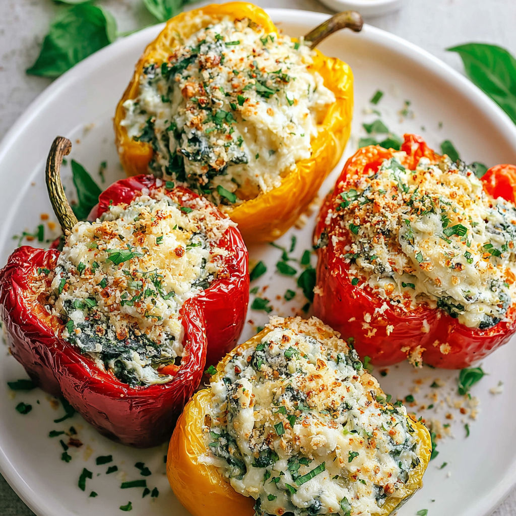 A plate of herby ricotta stuffed peppers.