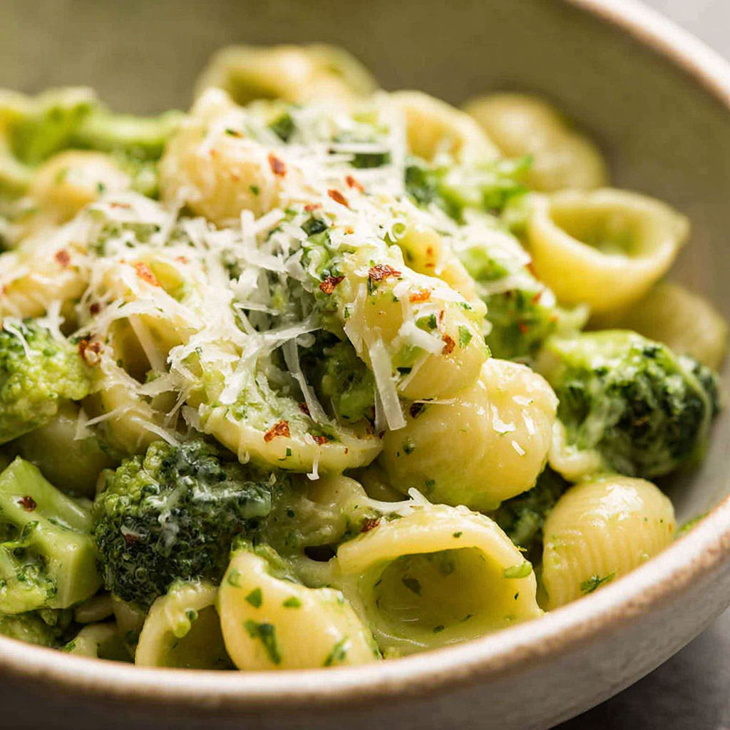 A bowl of pasta with broccoli and cheese.