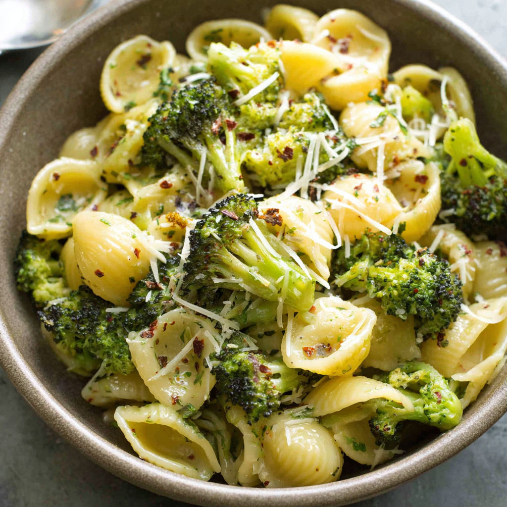 A bowl of pasta with broccoli and cheese.