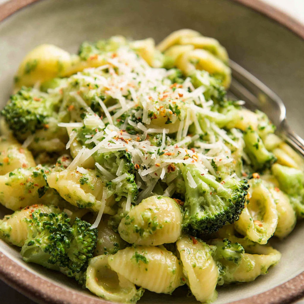 A bowl of pasta with broccoli and cheese.