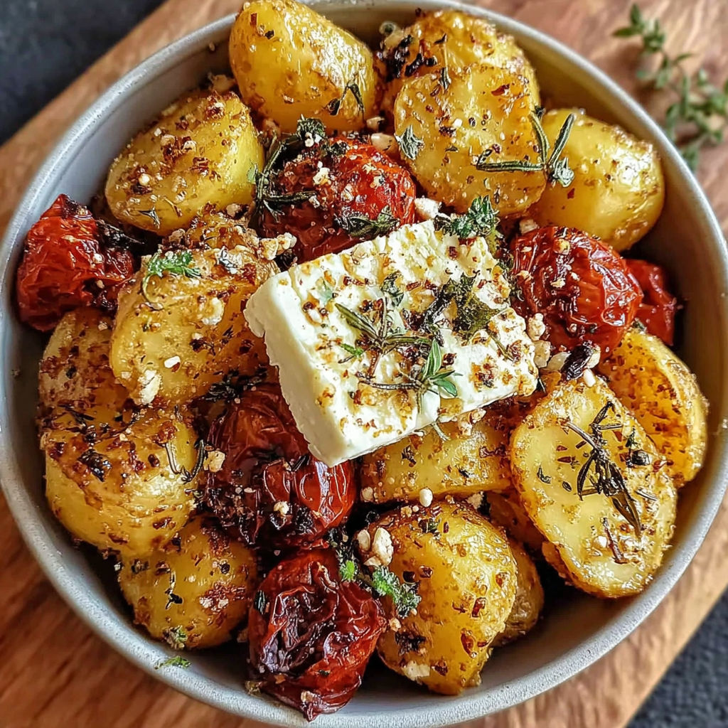 A bowl of baked potatoes with feta cheese on top.