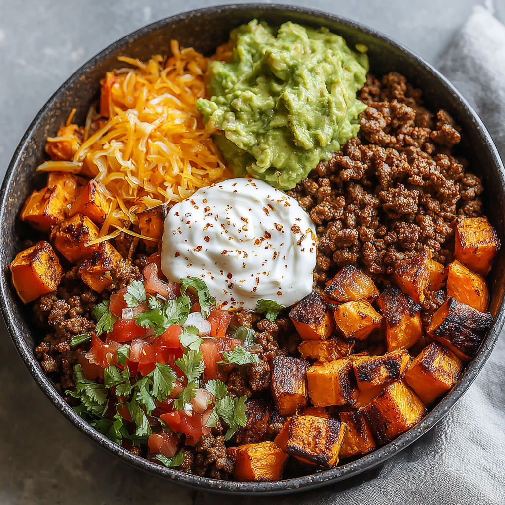 A bowl of food with a variety of ingredients including sweet potatoes, cheese, and sour cream.