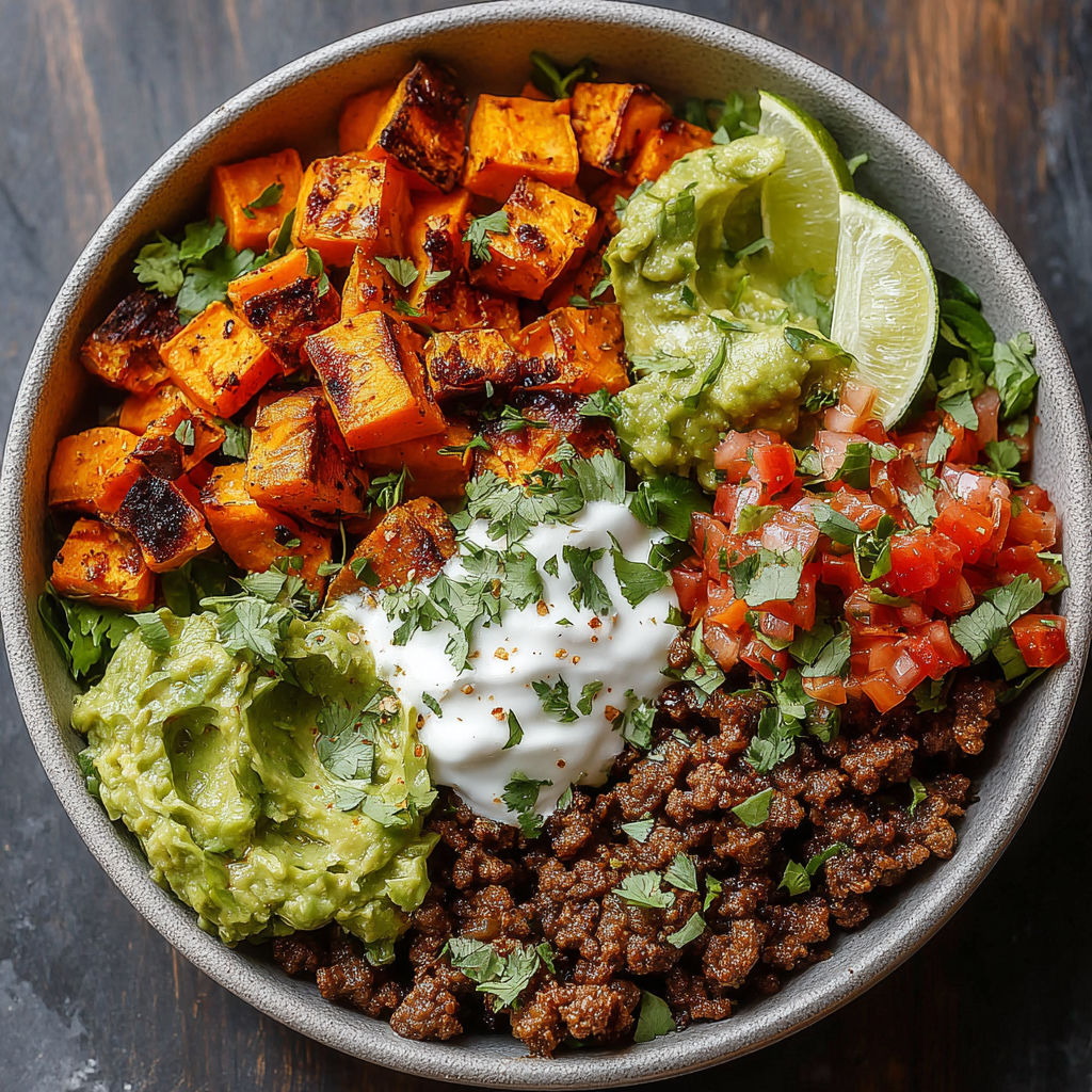 A bowl of food with sweet potatoes, guacamole, and sour cream.
