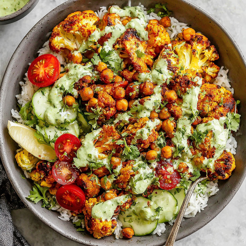 A bowl of food with cauliflower, tomatoes, and rice.