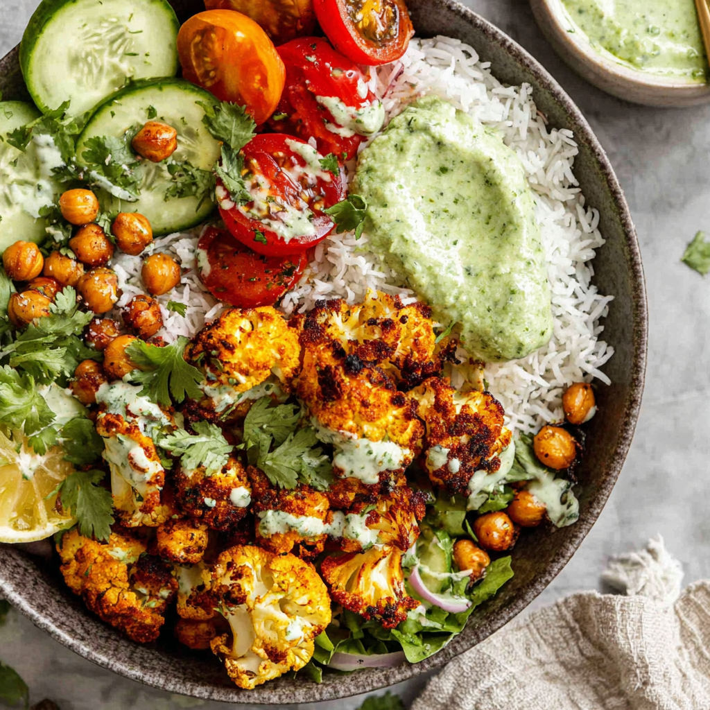A bowl of food with cauliflower, tomatoes, and rice.