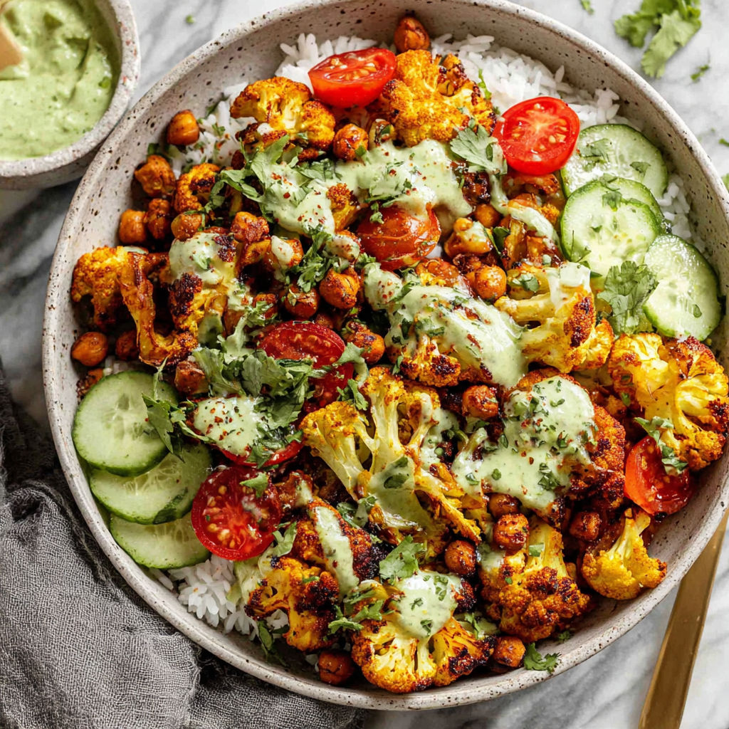 A bowl of cauliflower shawarma with rice and tomatoes.