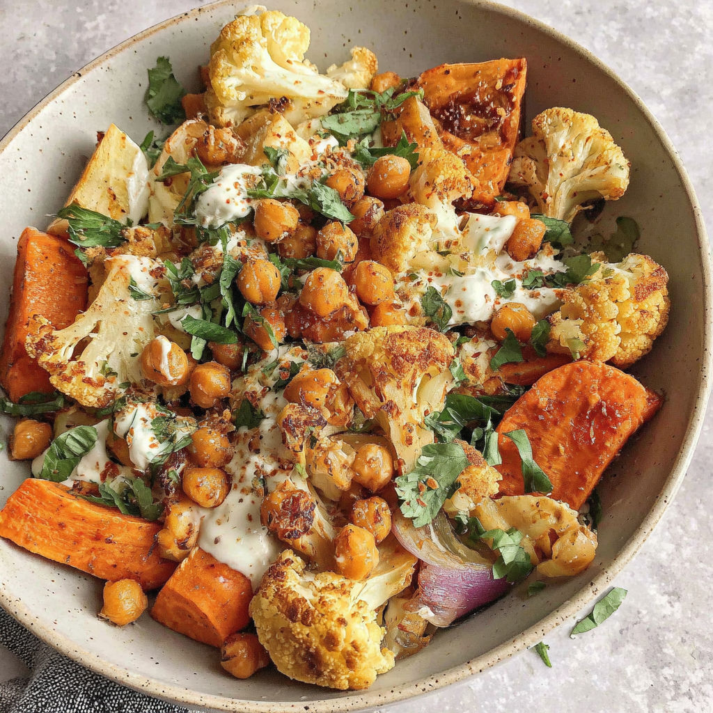 A bowl of roasted vegetables with a tahini yogurt sauce.