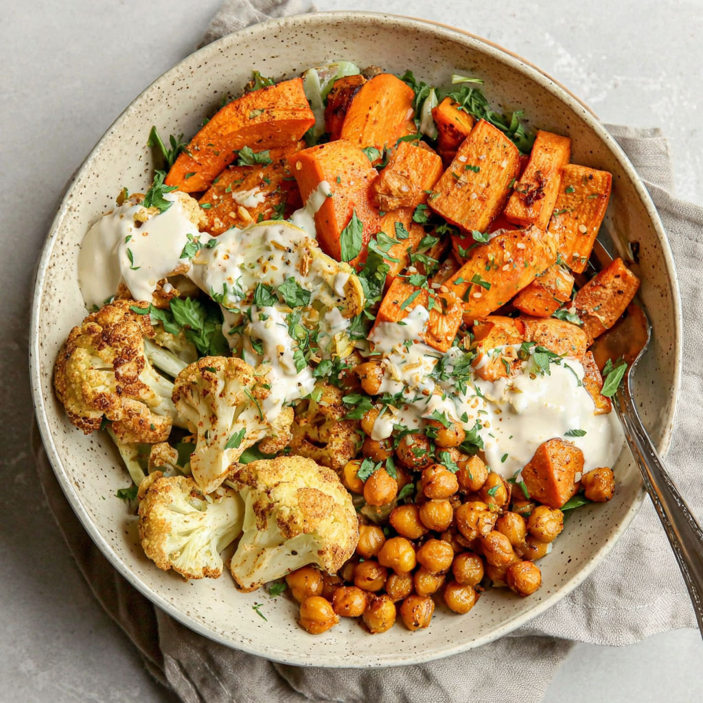 A bowl of roasted vegetables and tahini yogurt sauce.