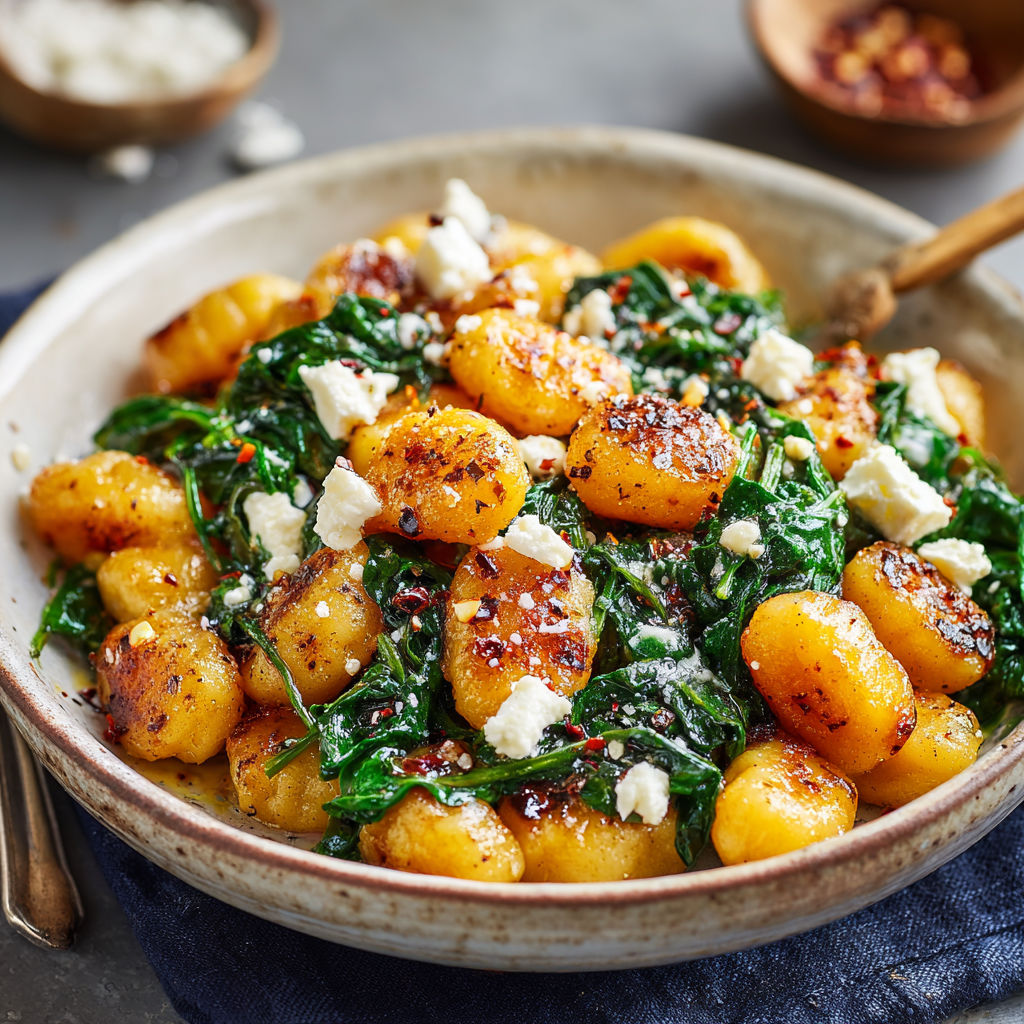 A bowl of crispy gnocchi with spinach and feta.
