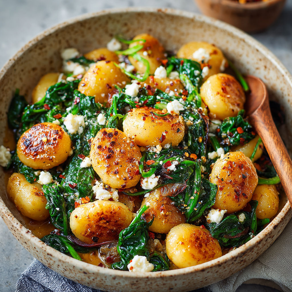 A bowl of food with spinach and feta.