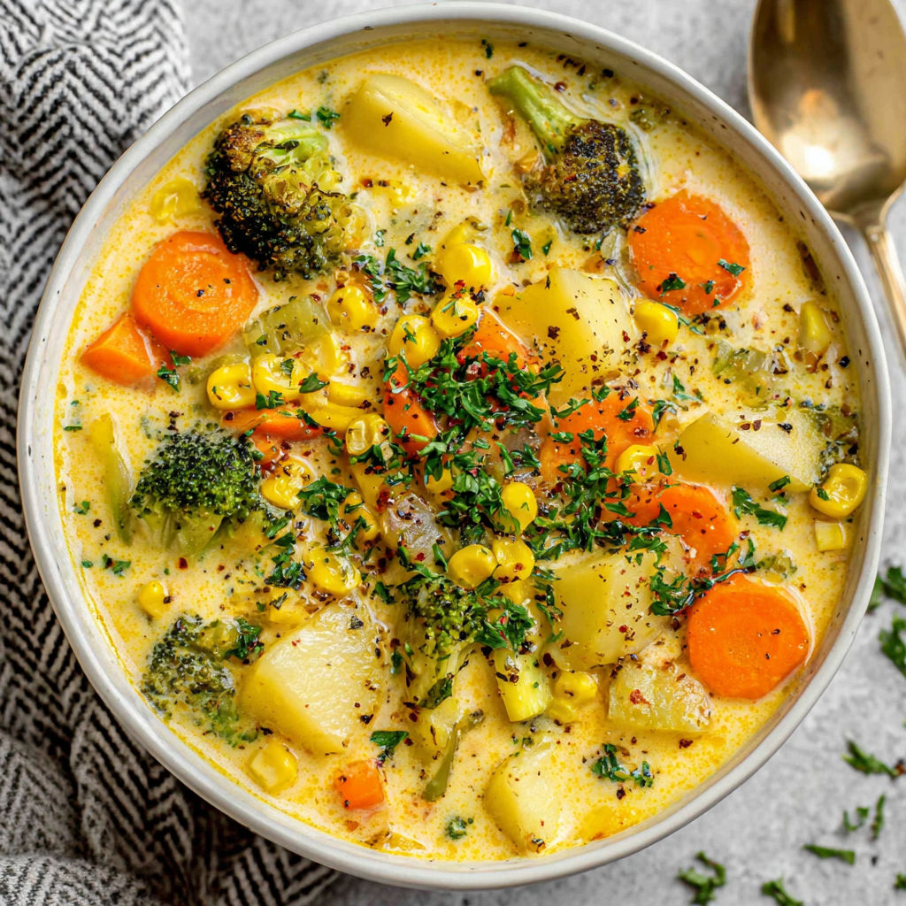 A bowl of soup with vegetables and a spoon.