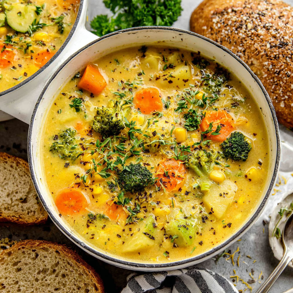 A bowl of soup with broccoli and carrots.