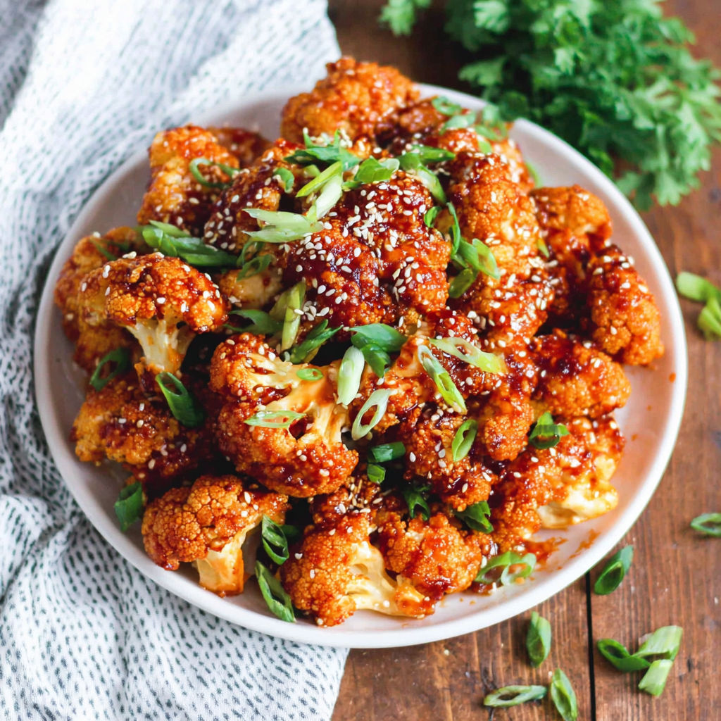 A white bowl filled with Sticky Sesame Cauliflower.