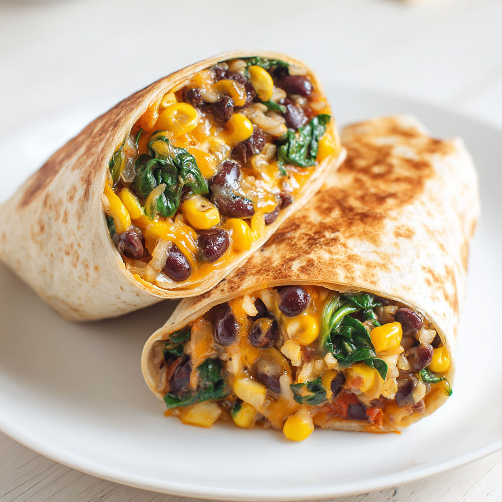 Two burritos filled with black beans and spinach.