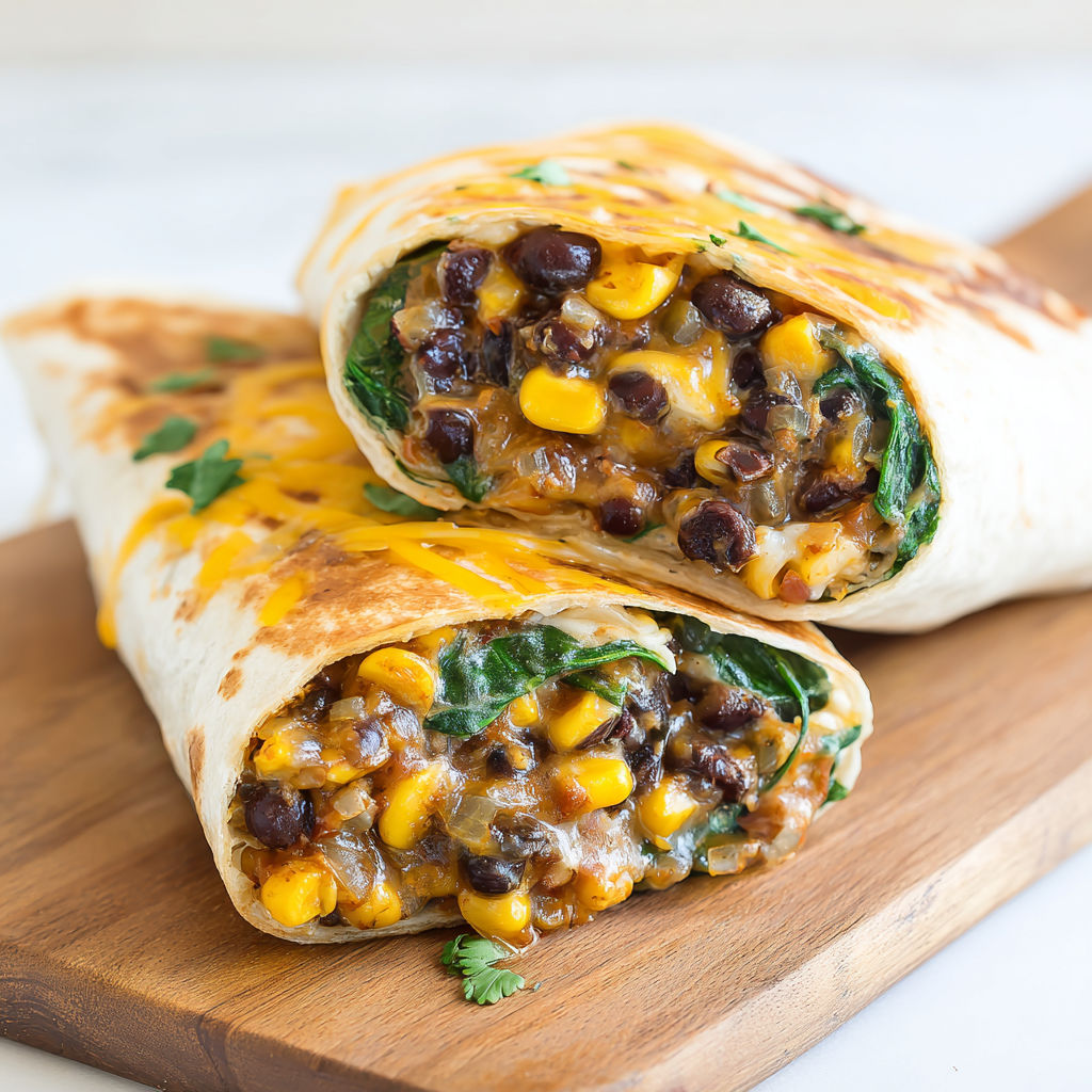 Two burritos filled with black beans and spinach.