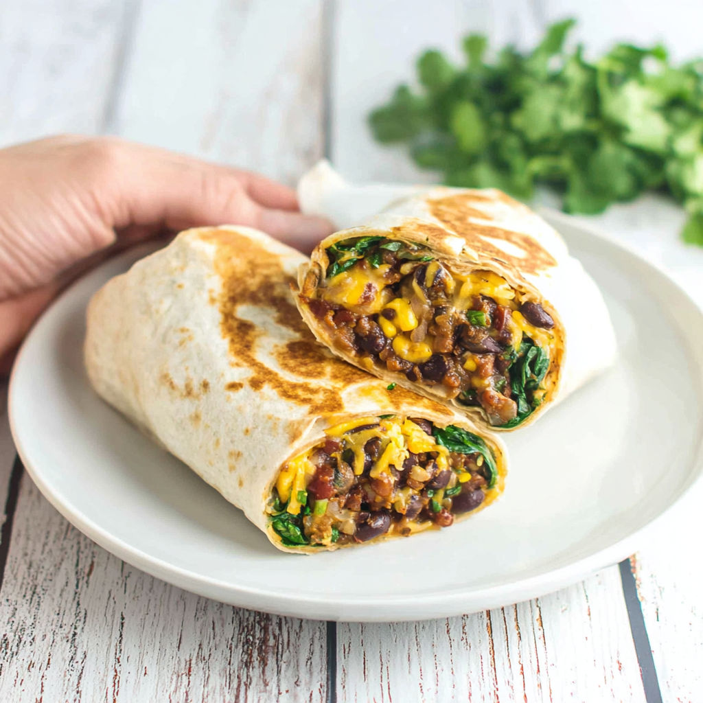 A person is holding a burrito with black beans and spinach.
