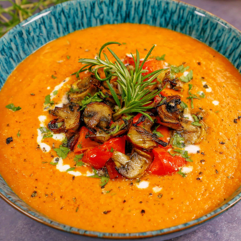 A bowl of soup with a sprig of rosemary on top.