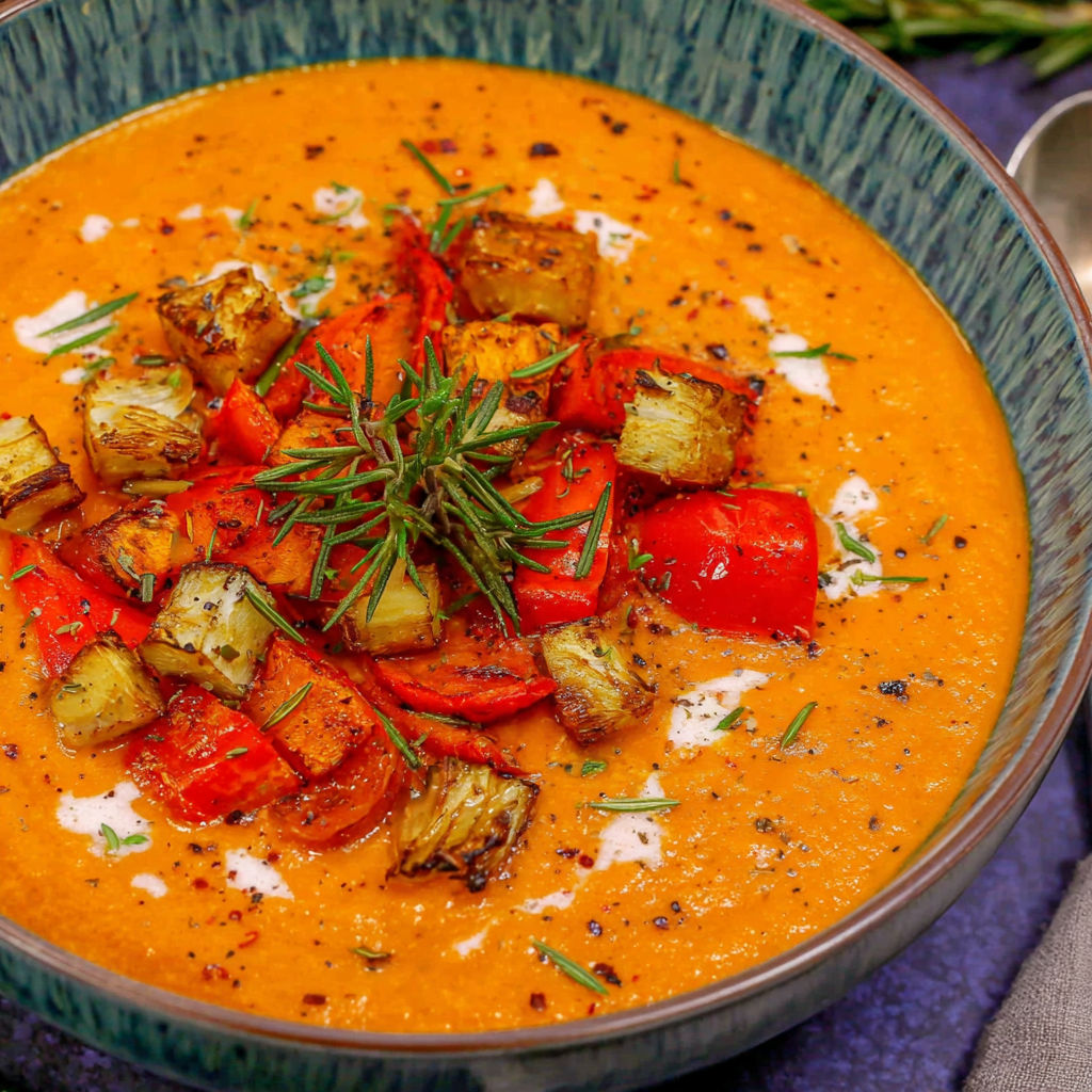 A bowl of soup with roasted vegetables.