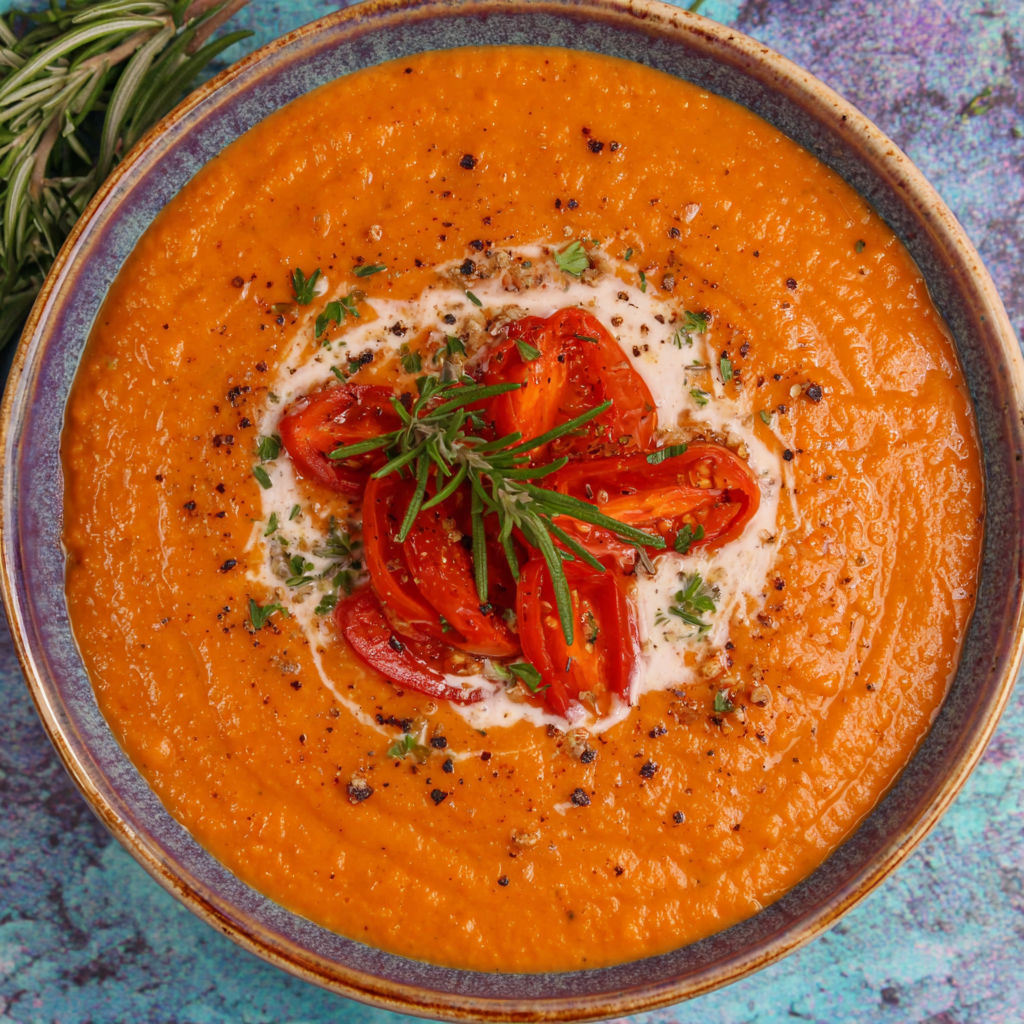 A bowl of soup with tomatoes and herbs.
