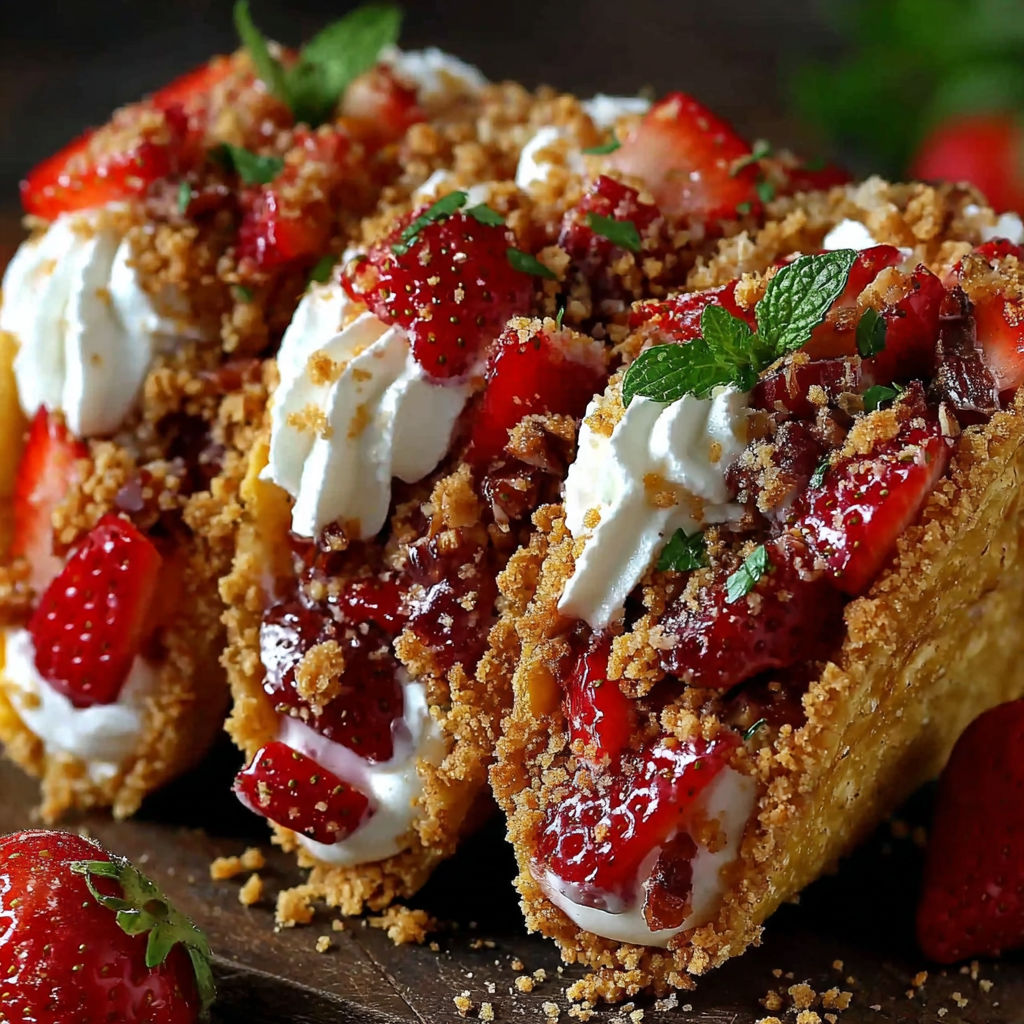 A close up of a strawberry crunch cheesecake taco.
