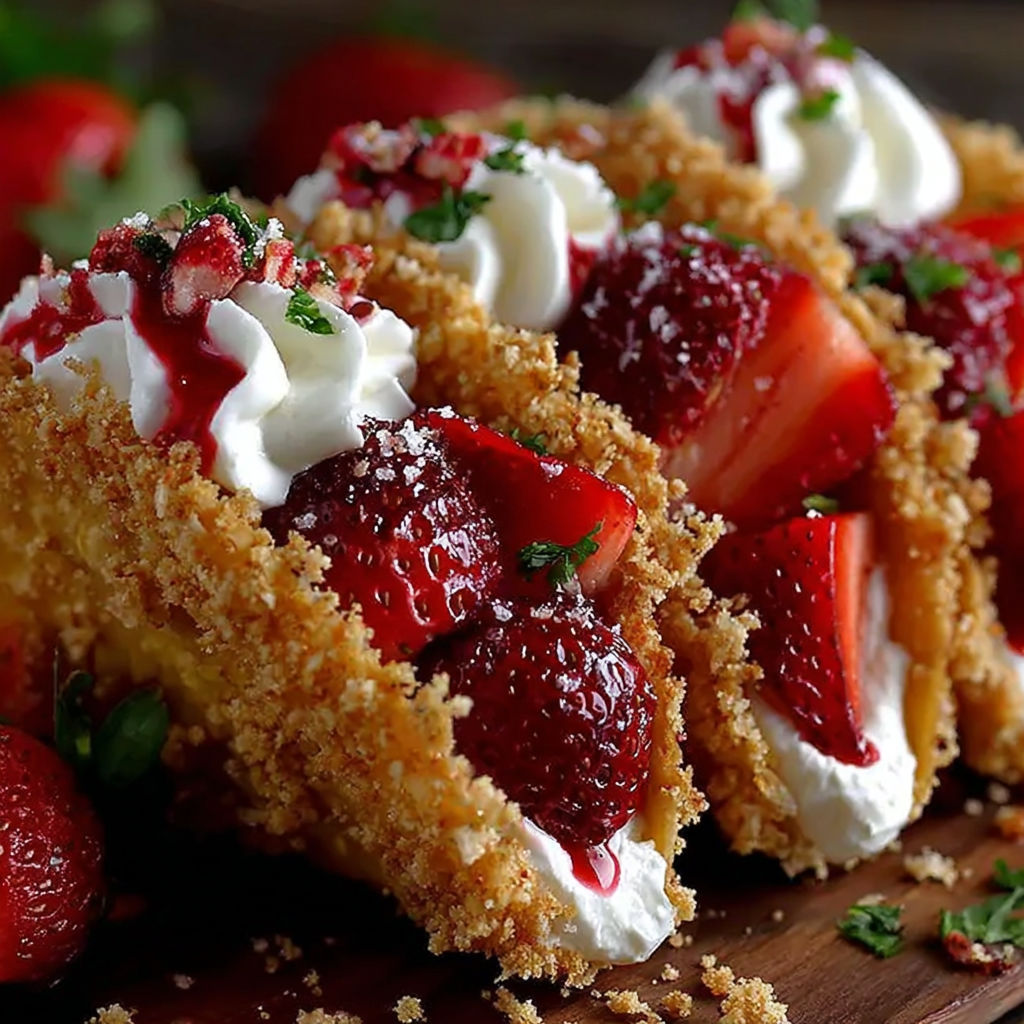 A close up of a dessert with strawberries and whipped cream.