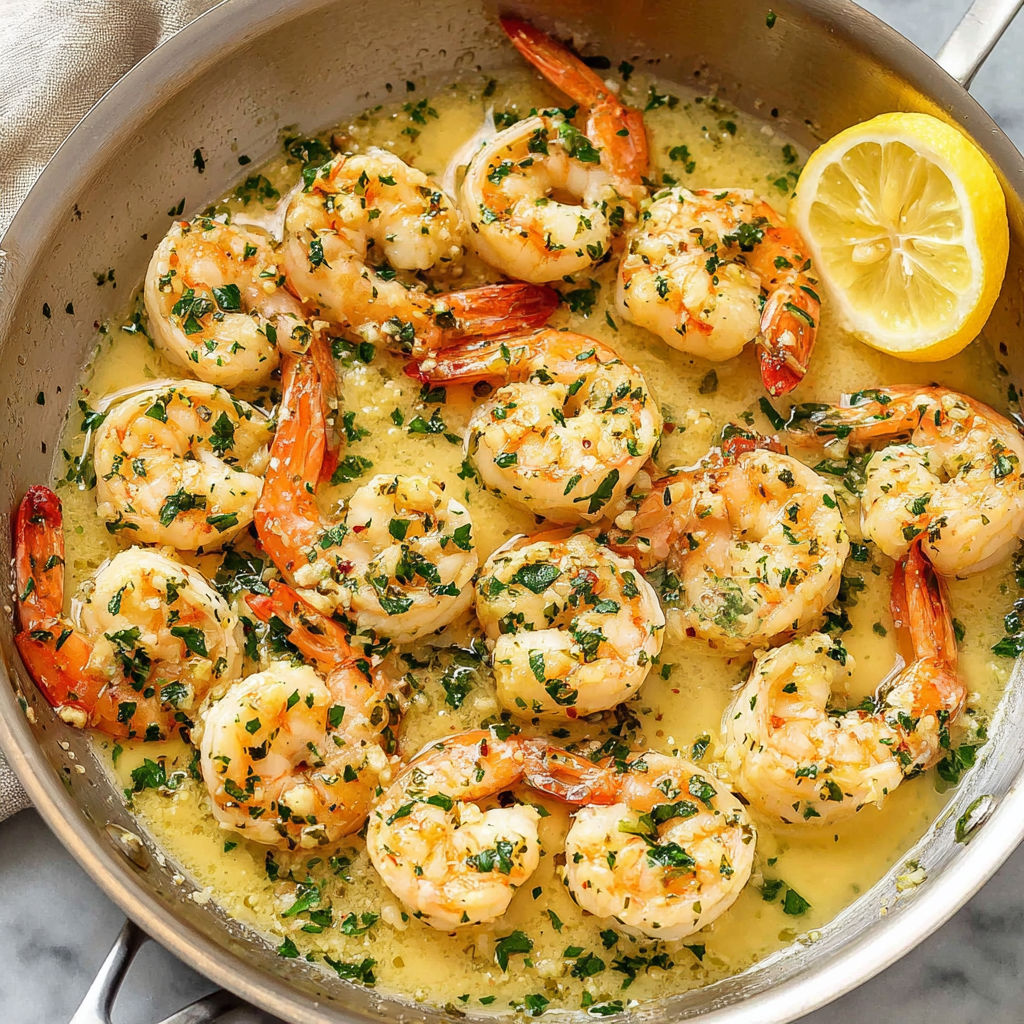 A pan of shrimp scampi with lemon wedges.