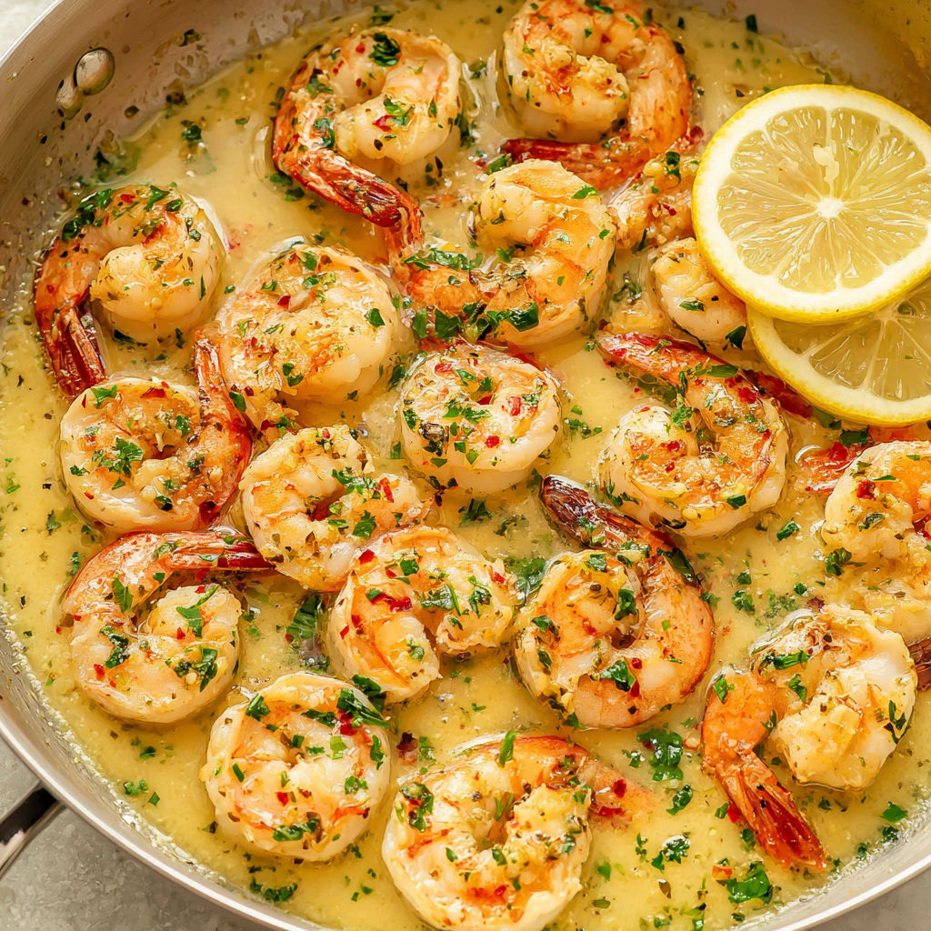 A pan of shrimp scampi with lemon wedges.