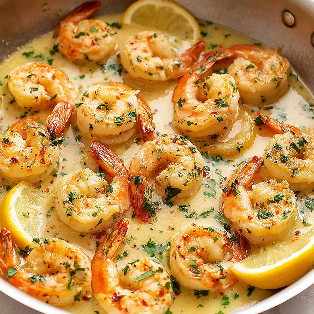 A pan of shrimp scampi with lemon and herbs.