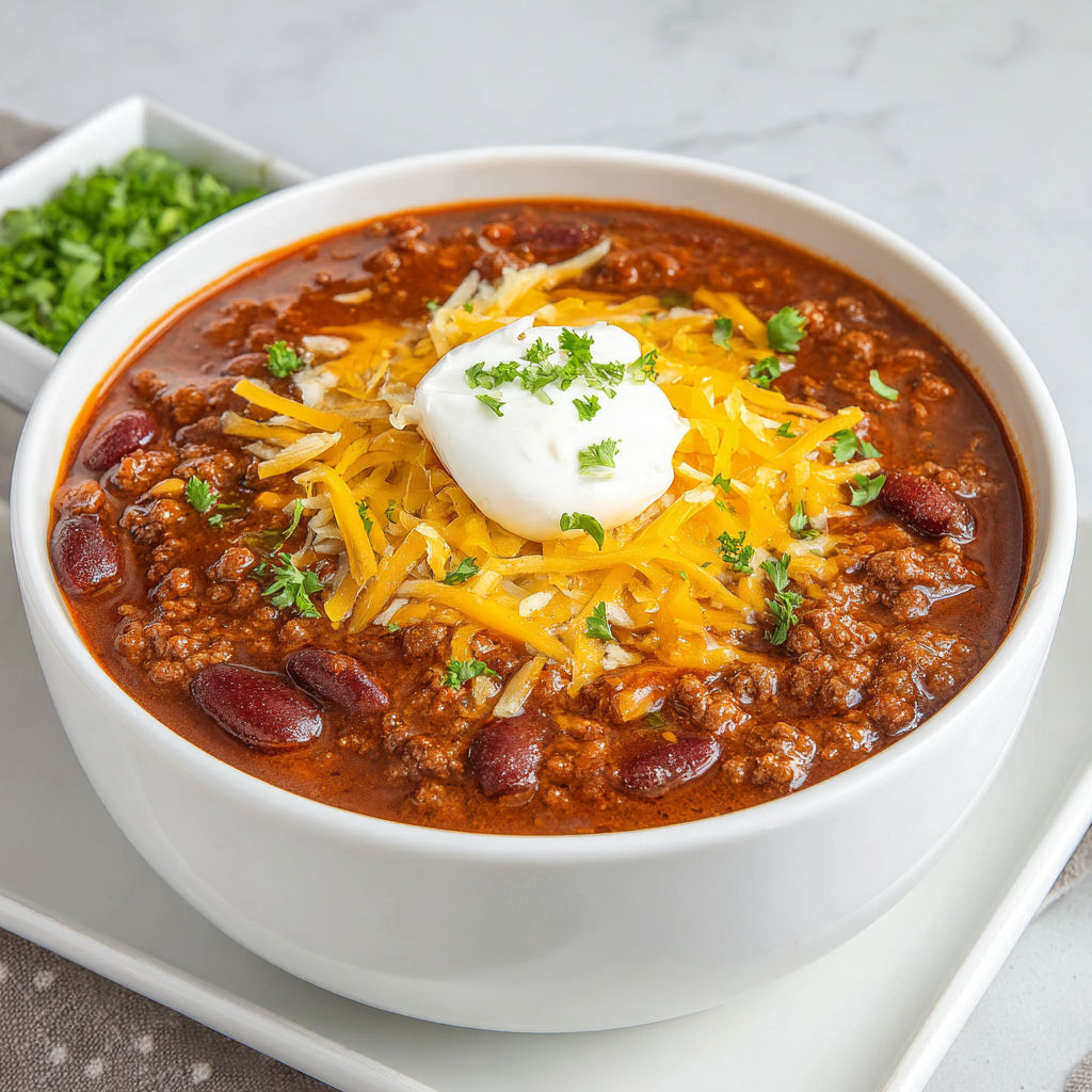 A bowl of chili with a dollop of sour cream on top.