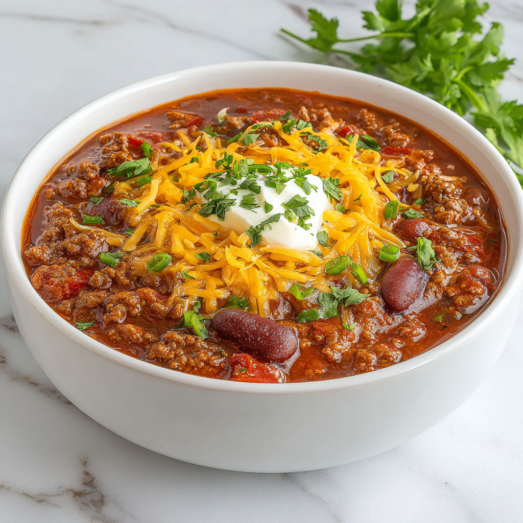 A bowl of chili with cheese and chives on top.