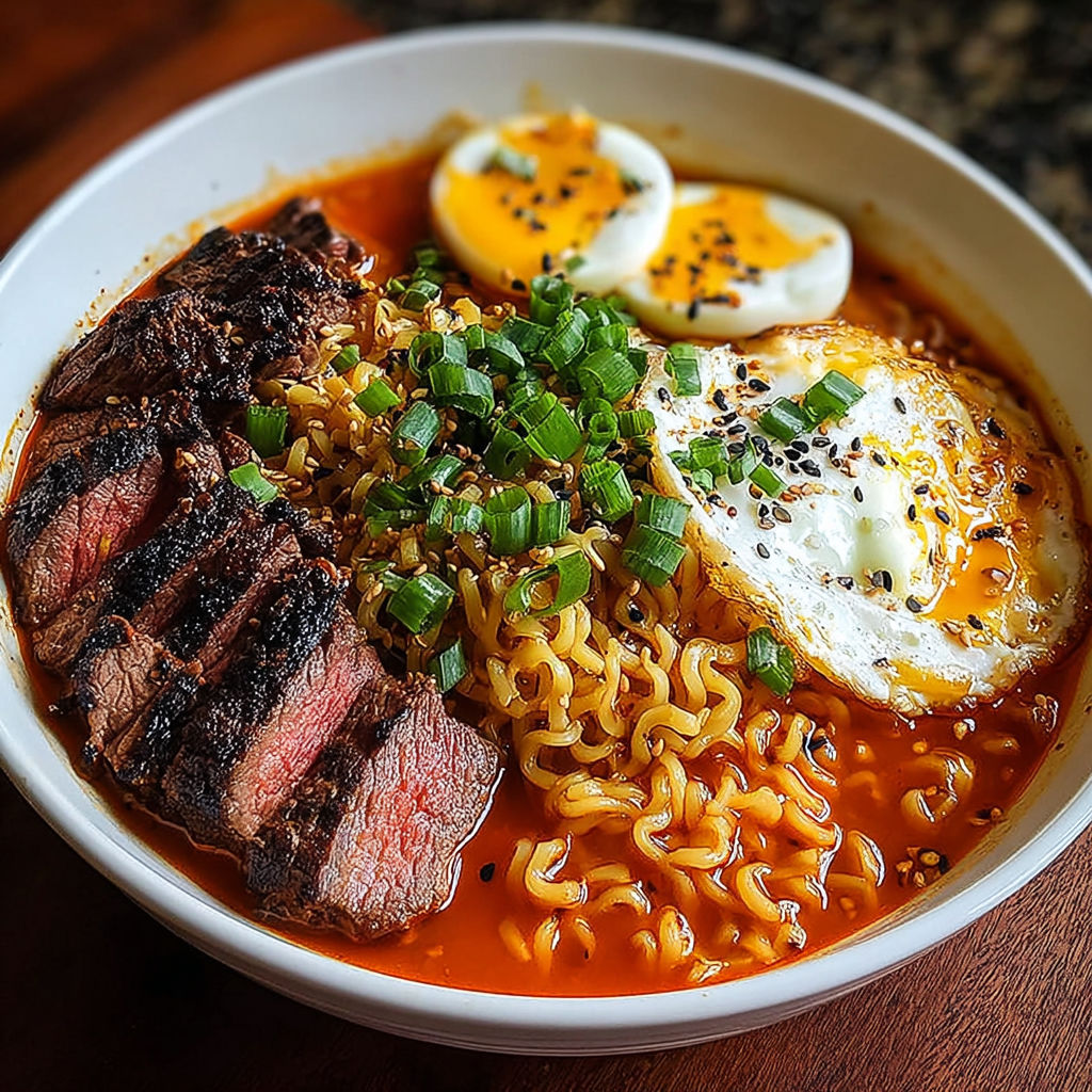 A bowl of spicy Korean ramen with grilled beef and creamy sauce.