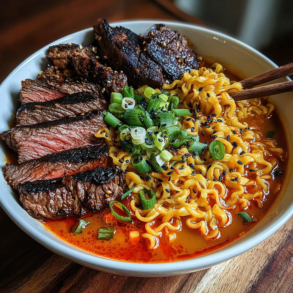 A bowl of spicy Korean ramen with grilled beef and creamy sauce.