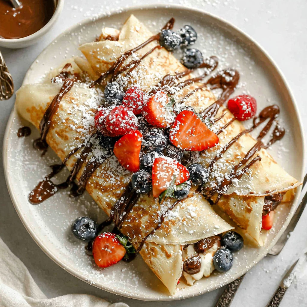 A plate of Nutella crepes with strawberries and blueberries.
