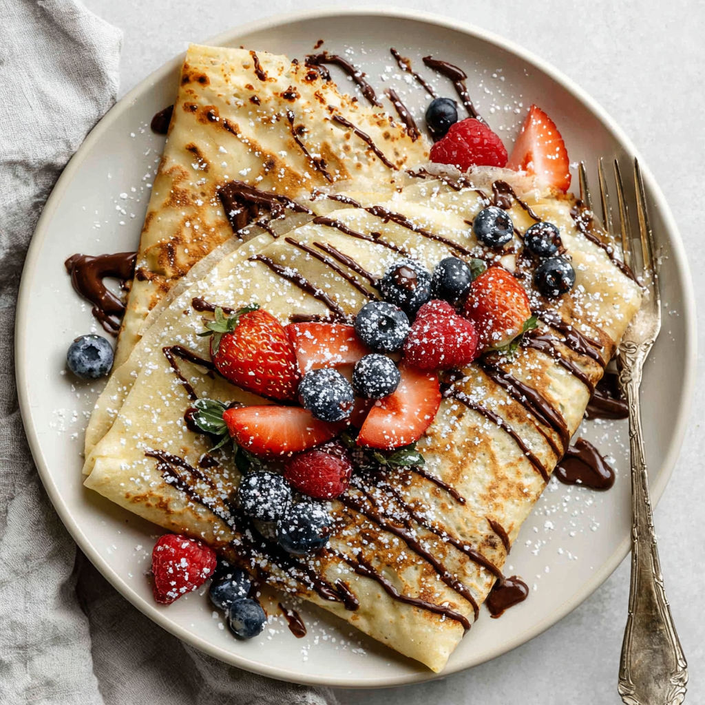 A plate of Nutella crepes with strawberries and blueberries.