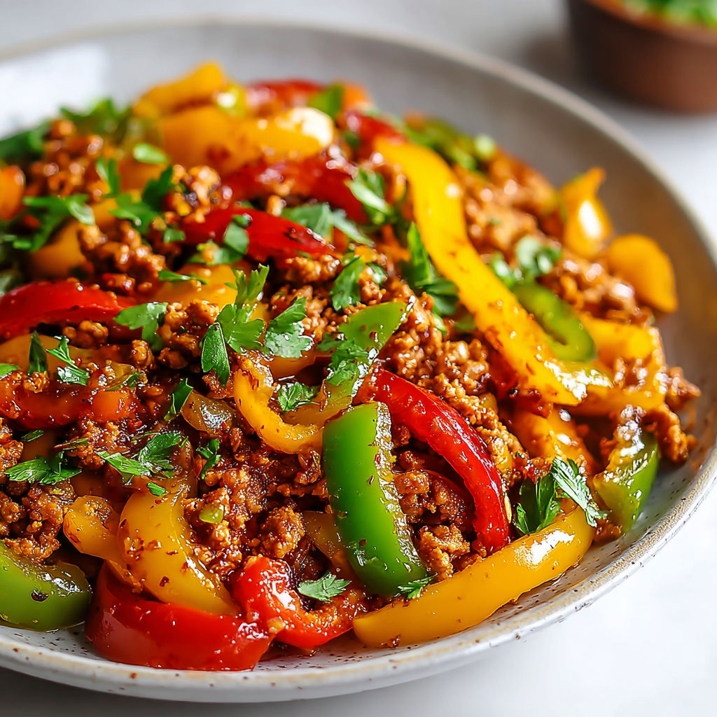 A bowl of ground turkey and peppers.