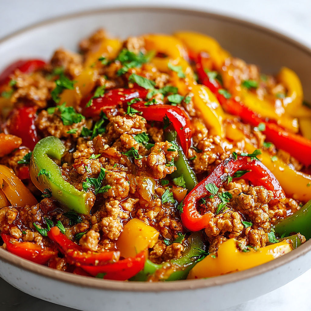 A bowl of ground turkey and peppers.