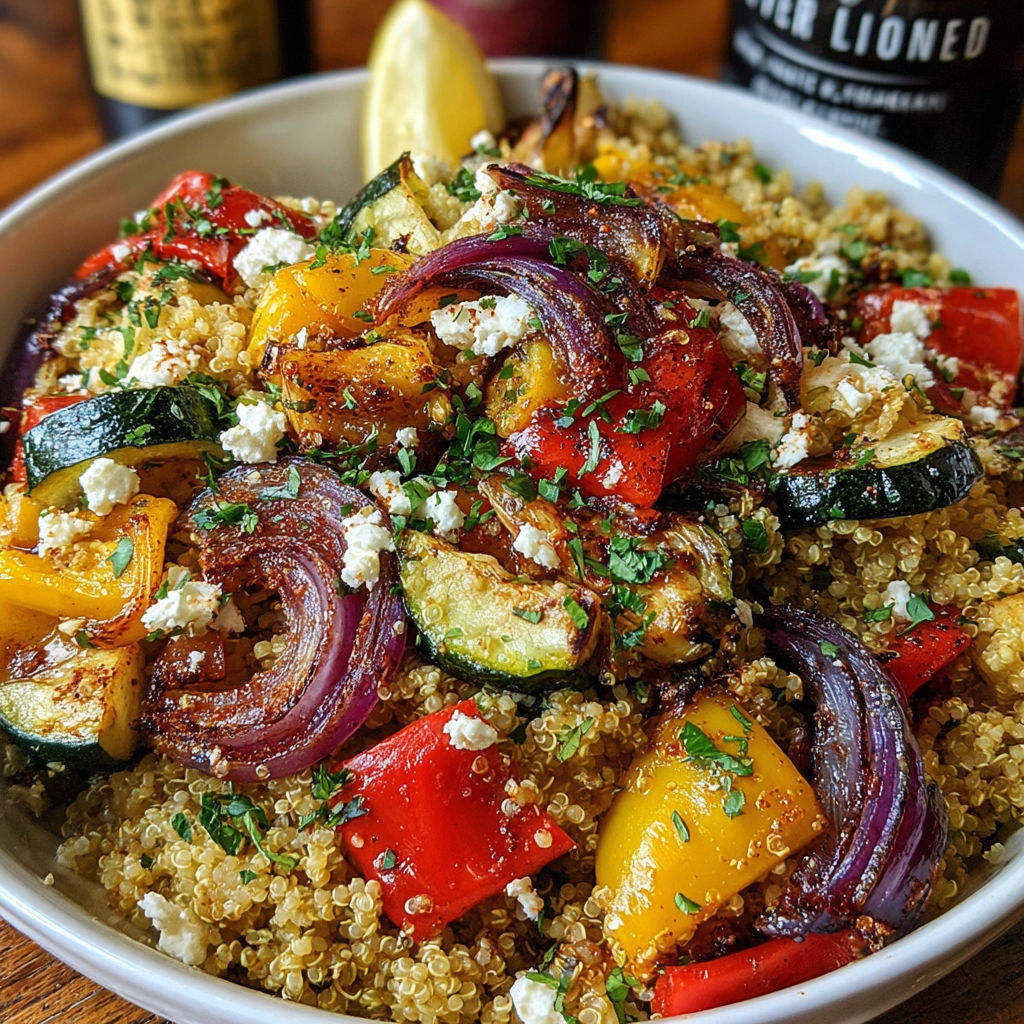 A bowl of quinoa salad with roasted vegetables.