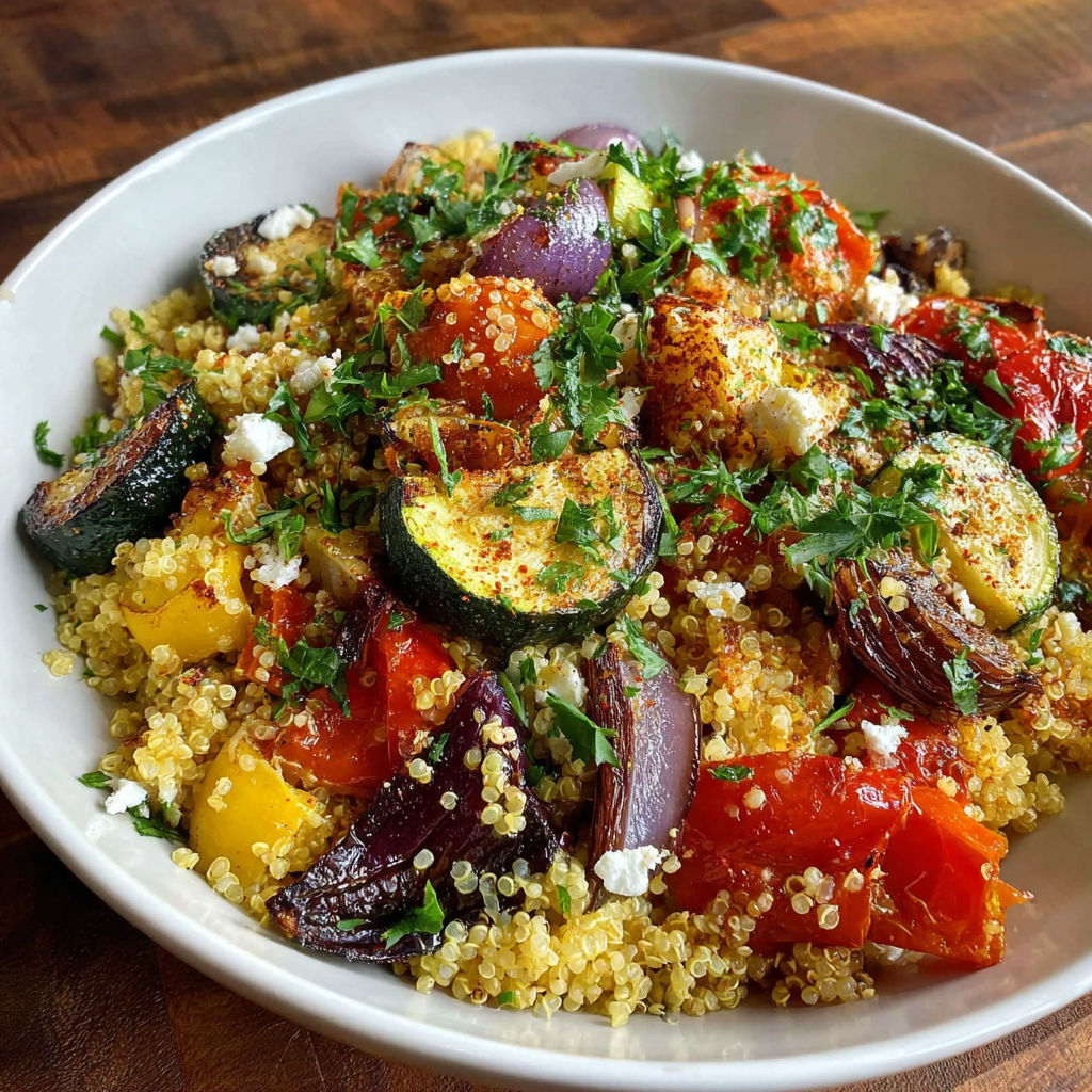 A bowl of food with a variety of vegetables and quinoa.