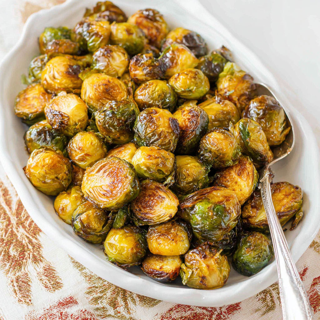 A white bowl filled with cooked Brussels sprouts.