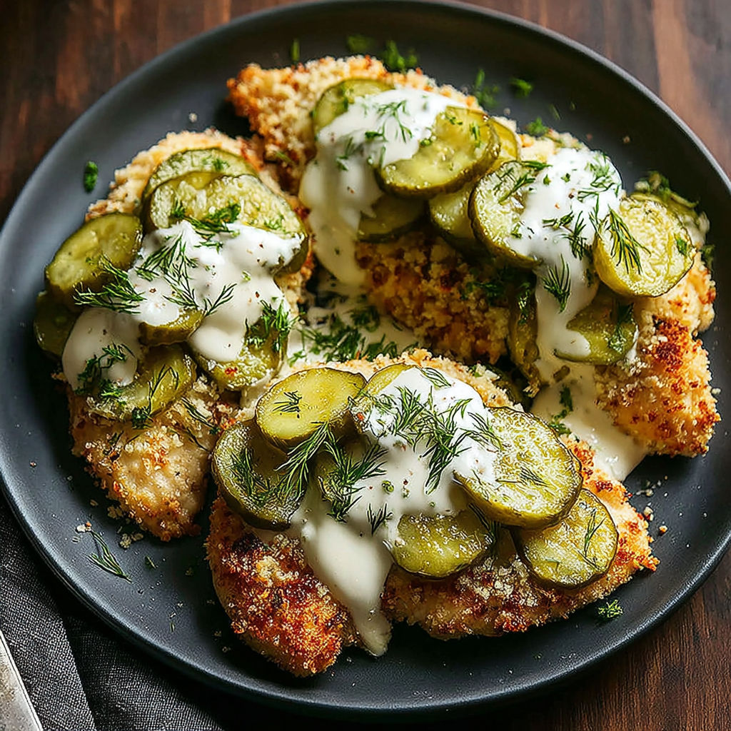 A plate of chicken with dill pickles and Parmesan cheese.