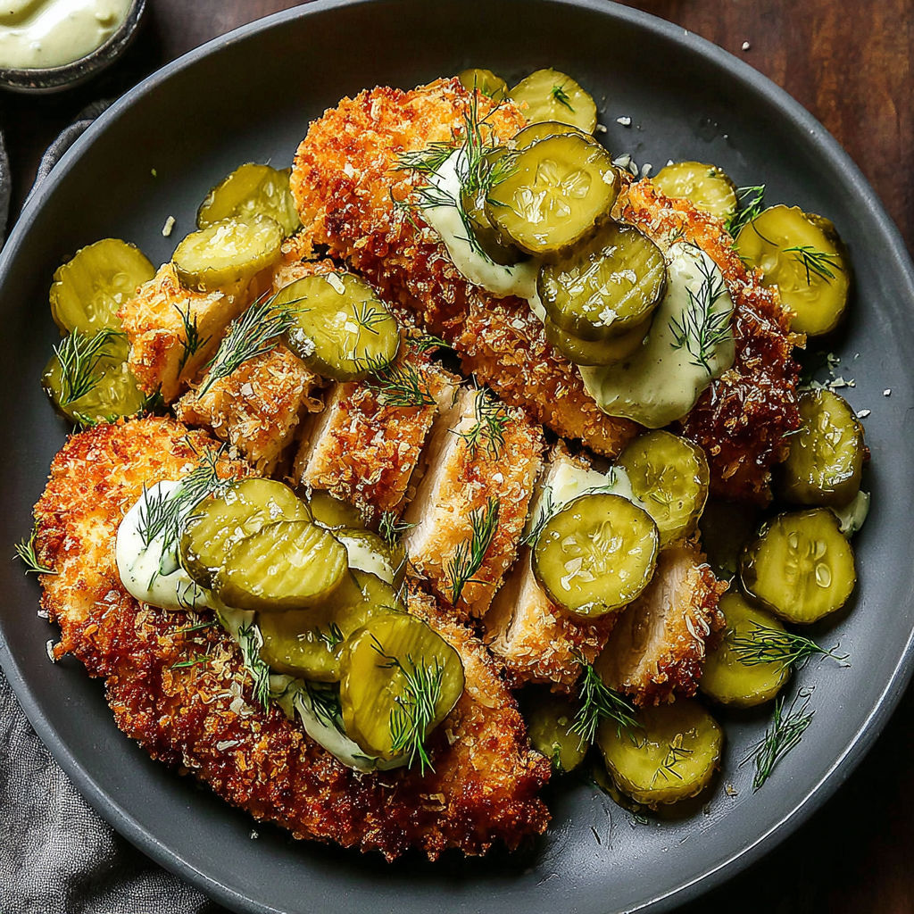 A plate of chicken with pickles and Parmesan cheese.
