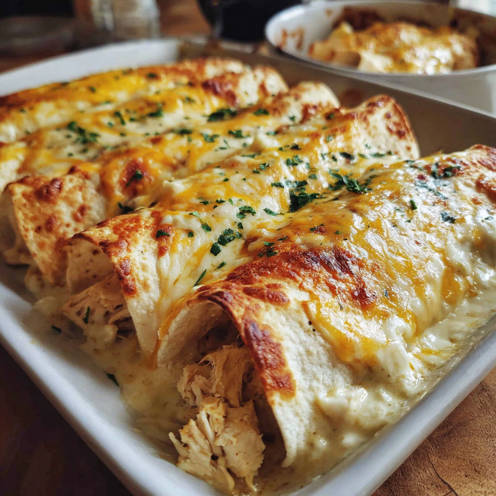 A dish of chicken enchiladas with a white sauce.