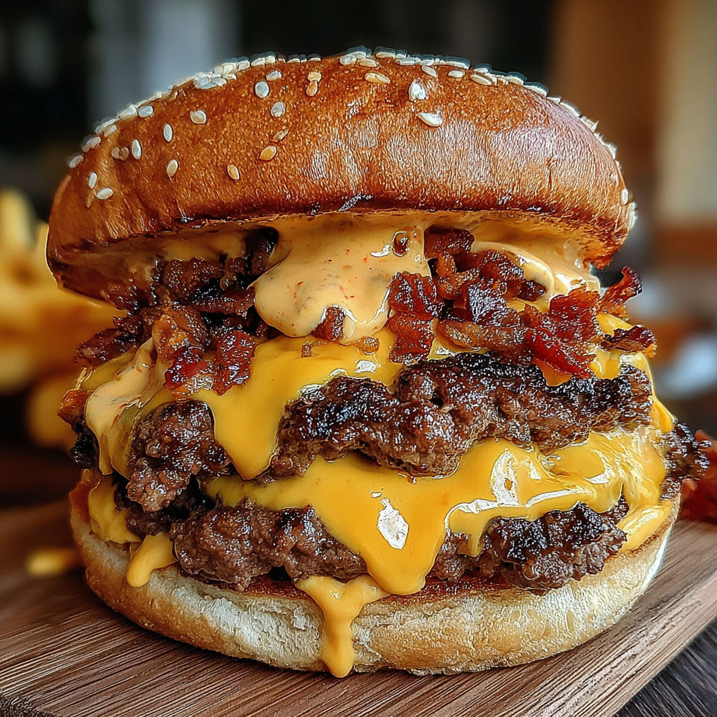 A large hamburger with cheese and bacon.