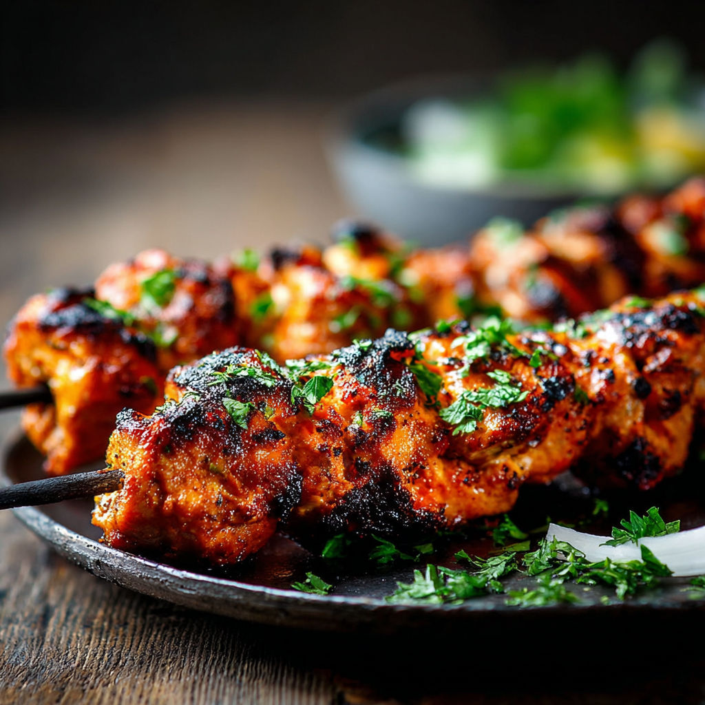A plate of chicken tikka kebab.
