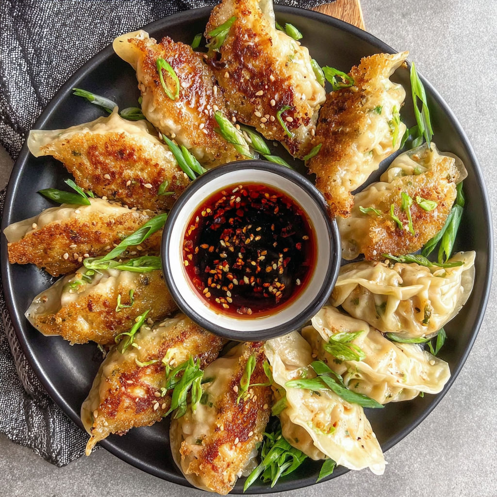 A plate of chicken potstickers with sauce.