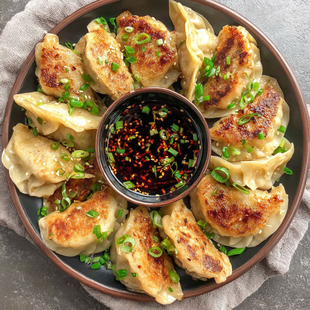 A plate of chicken potstickers with a bowl of sauce.