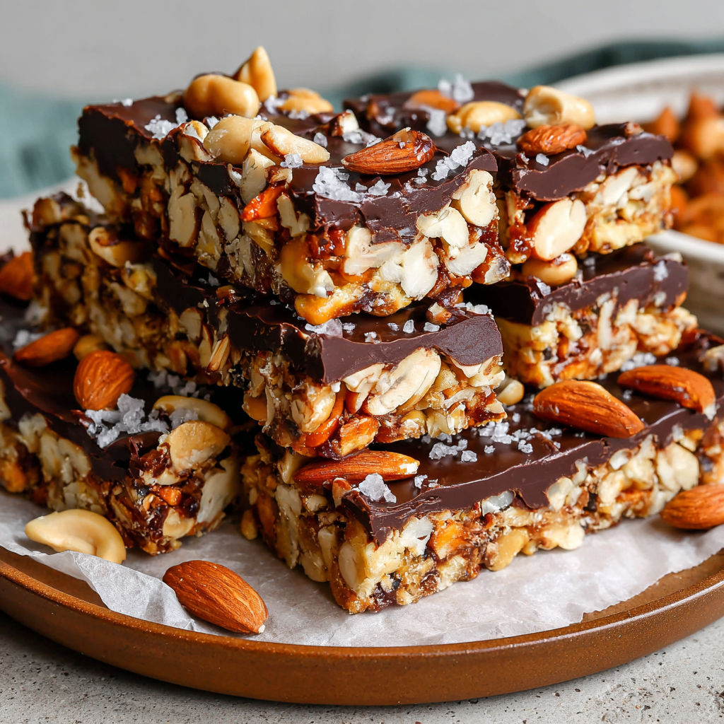 A stack of dark chocolate and sea salt nut bars.
